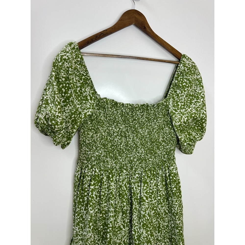 Abercrombie & Fitch Green Floral Linen Blend Smocked Puff Sleeve Midi Dress XL - Picture 3 of 12